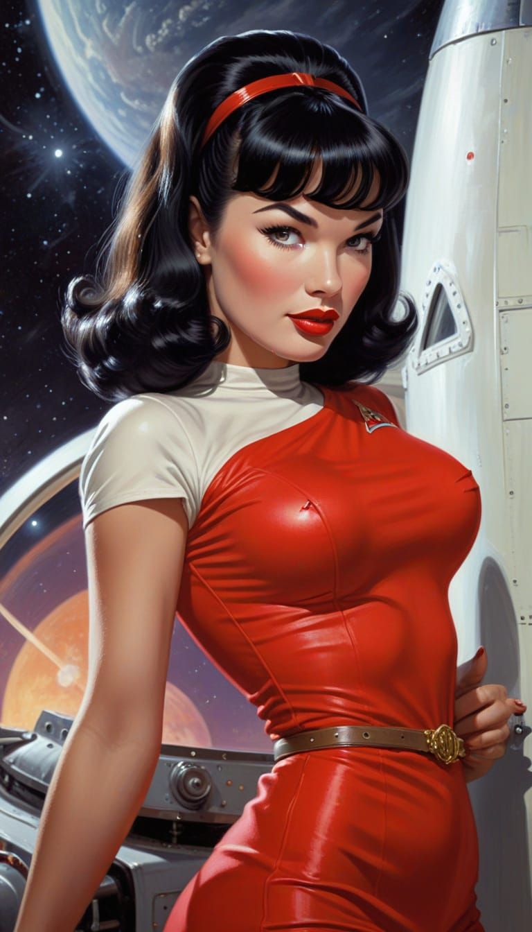 Glamorous Space Siren in Retro-Futuristic Hues