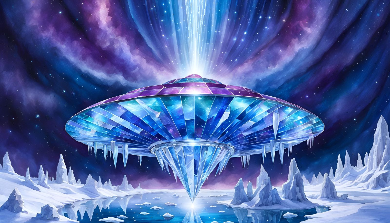 Crystalline Saucer over Frozen Waterfalls: Digital Art