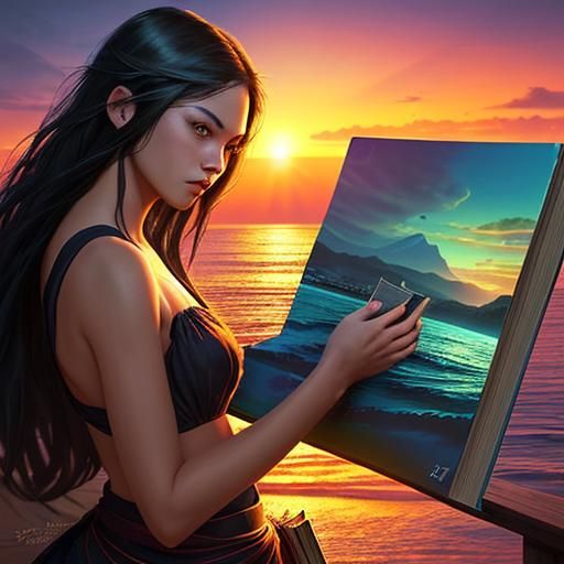 Sunset Seaside Reading in Hyperrealistic Splash Art