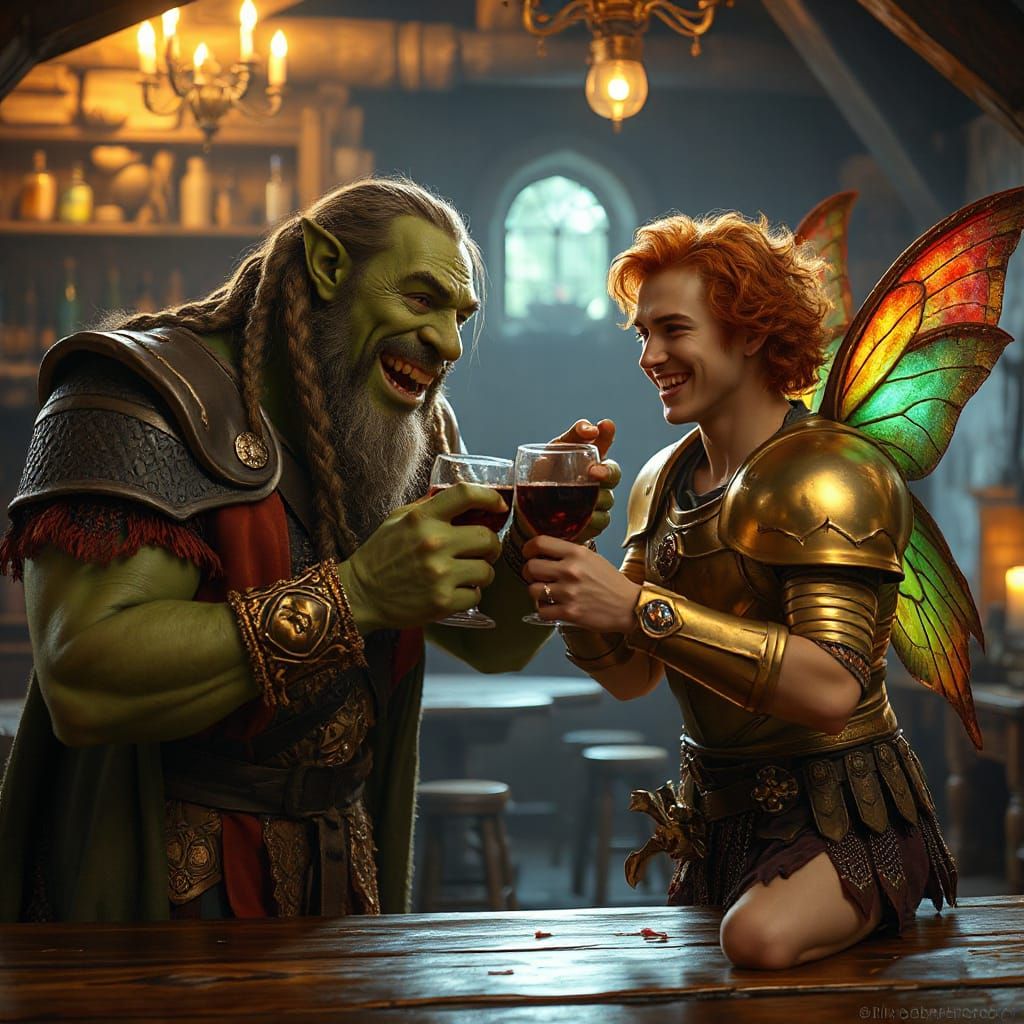 Ork and Fairy Cheers in Tavern, Hyperrealistic