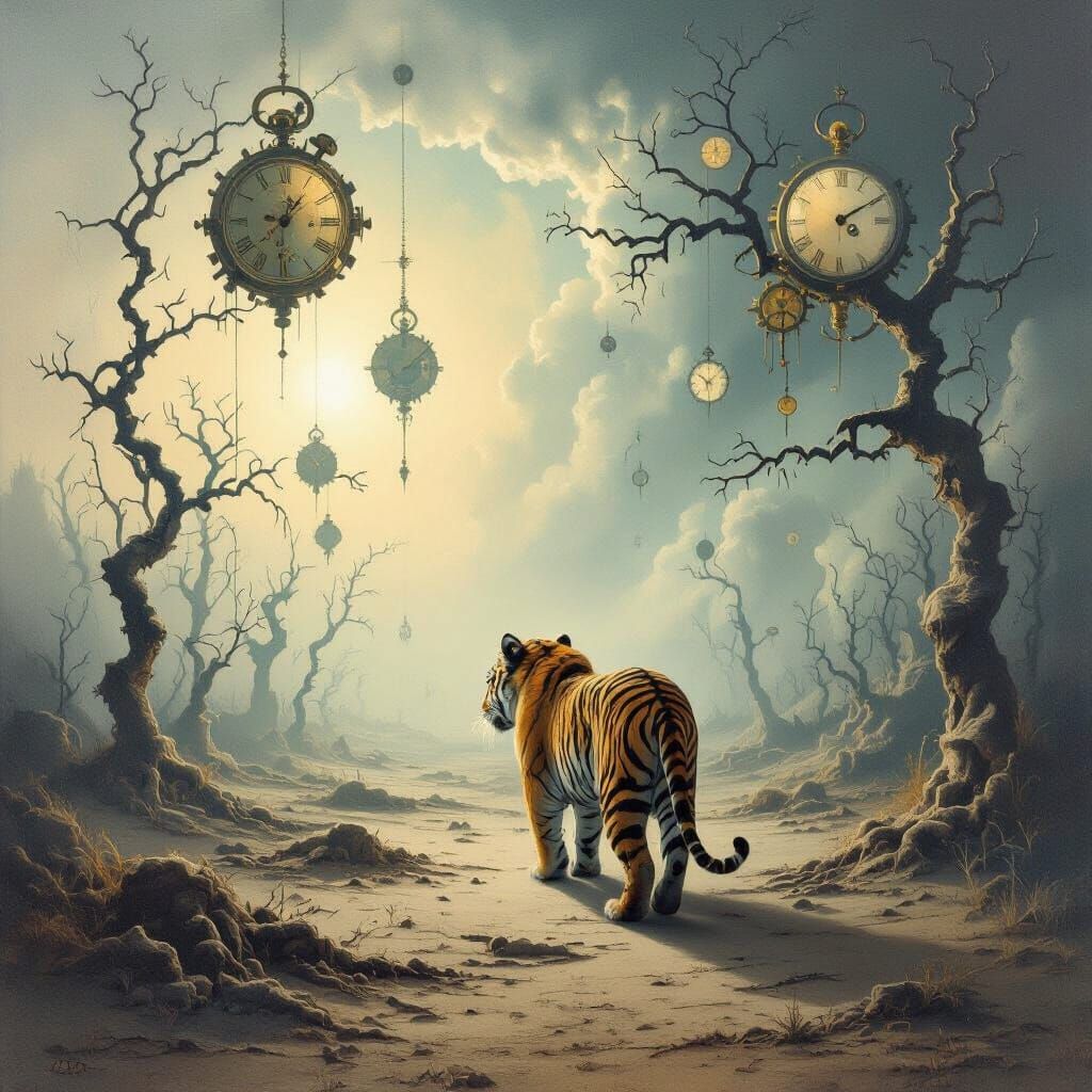 Ethereal Tiger in Surreal Clockwork Dreamscape Oil Painting