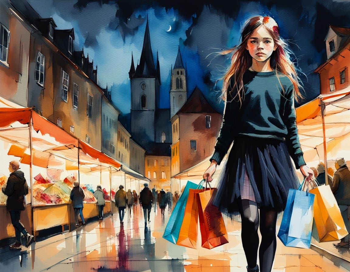 Vibrant Night Market Scene in Whimsical Watercolor