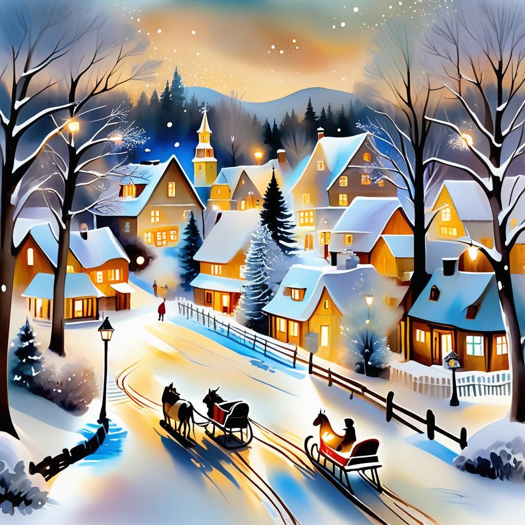 Whimsical Watercolor Winter Scene of a Snowy Village