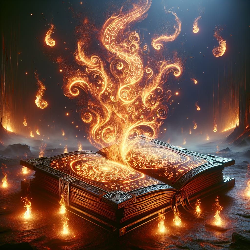 Mystical Fire Book with Glowing Runes in 8k