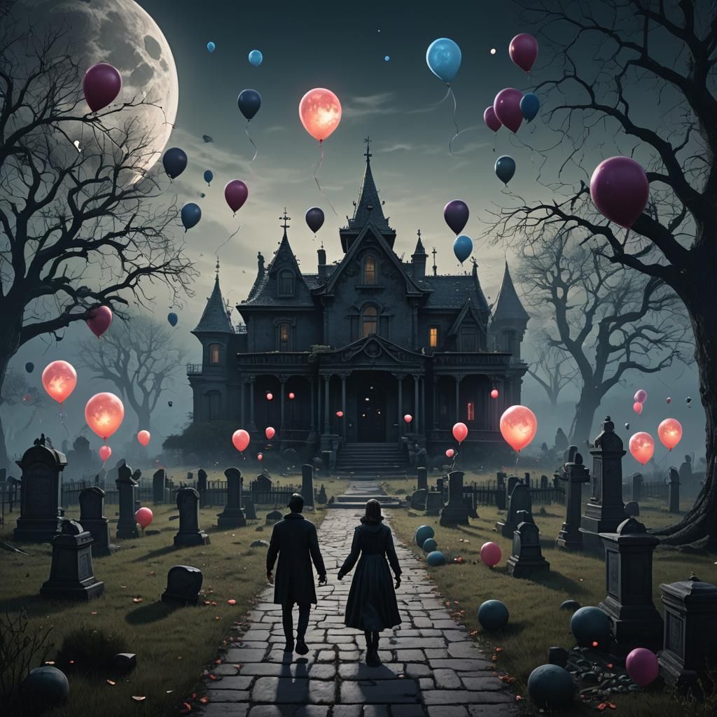 Dark Graveyard Scene with Balloons, Matte Painting