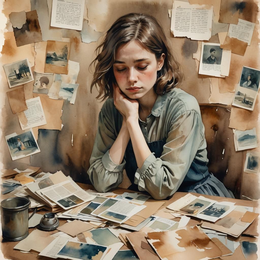 Melancholic Figure in Watercolor Portrait with Vintage Textu...