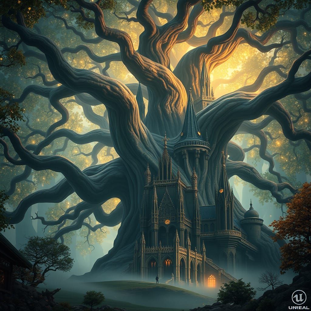 Glowing Tree Illuminates Enchanted Castle