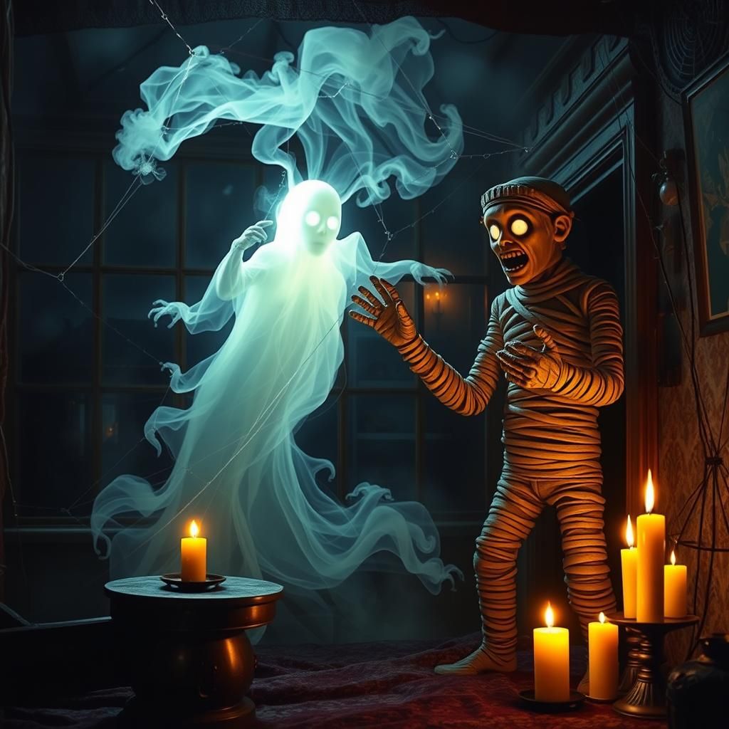 Eerie Haunted House Interior with Frankenstein Mummy