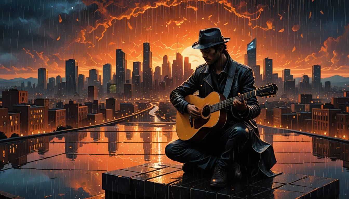 Musician Silhouette in Surreal Cityscape