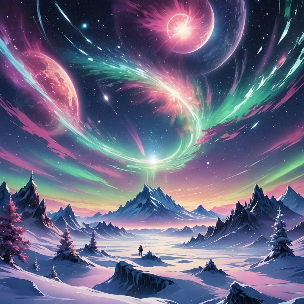 Celestial Winter Scene with Aurora Lights in Anime Style