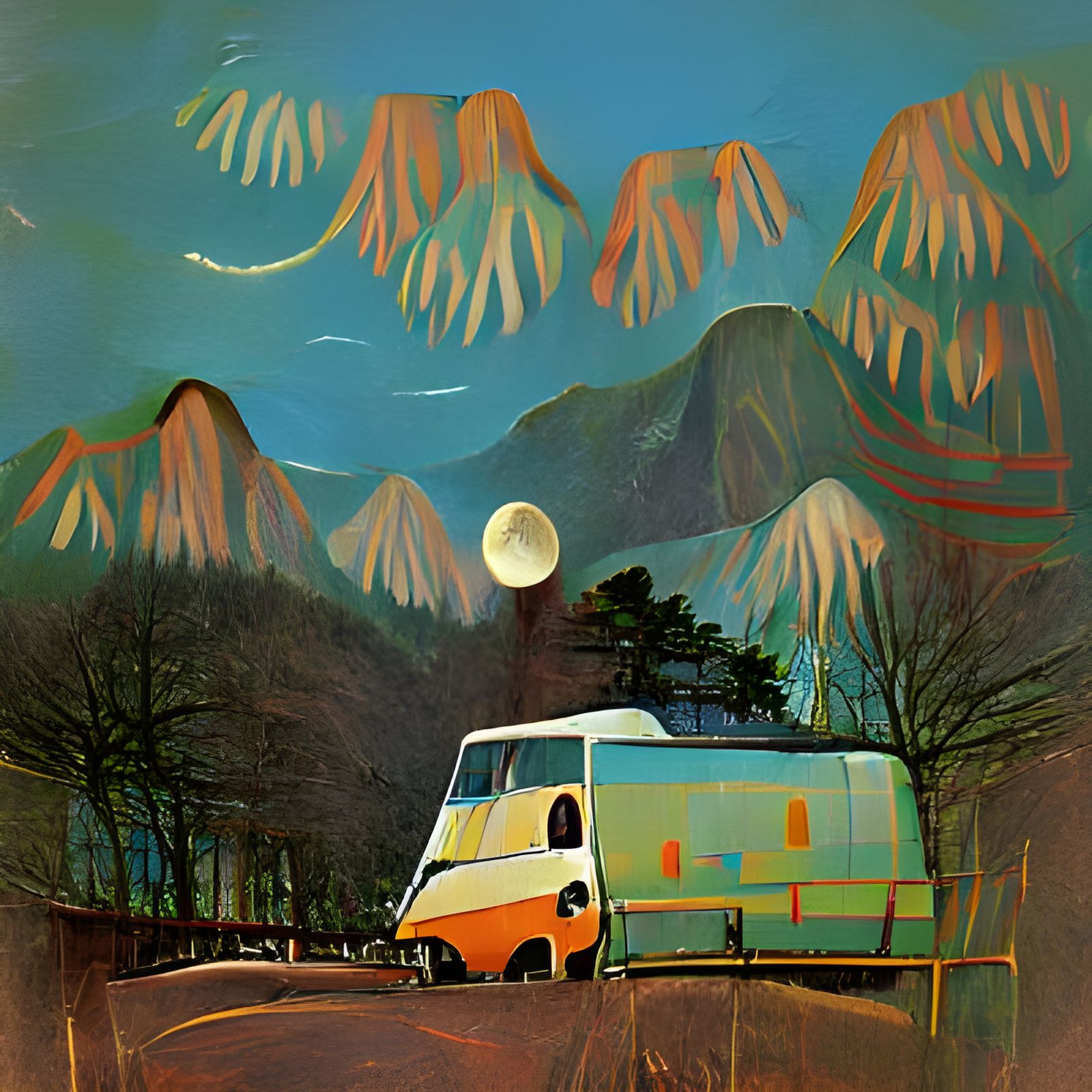 1970s Van Under Moonlight in Forest
