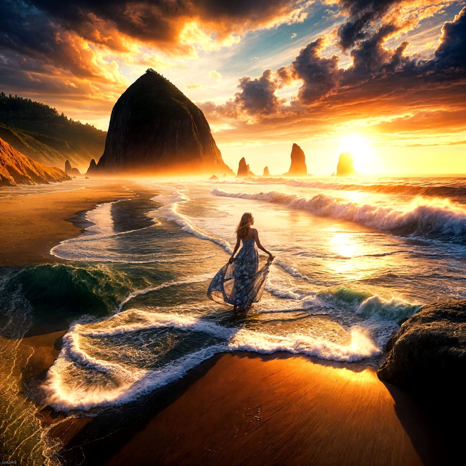 Pacific Northwest Beach Scene with Haystack Rock at Sunset