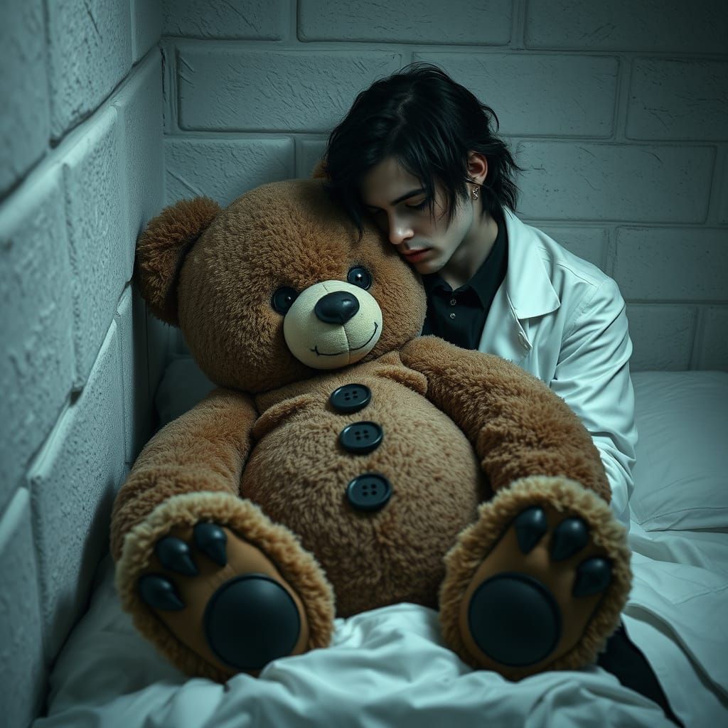 Gothic Slavic Gentleman Embraces Dark Teddy Bear in Padded C...