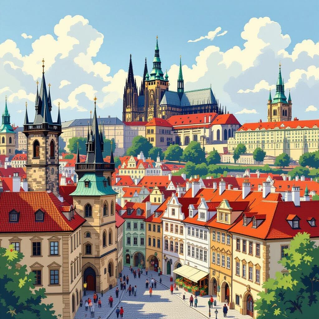 Whimsical Prague Castle Illustration in Storybook Style