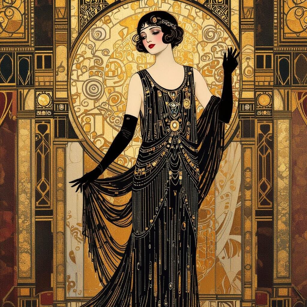 Flapper in Art Nouveau Style, Ready for the Evening