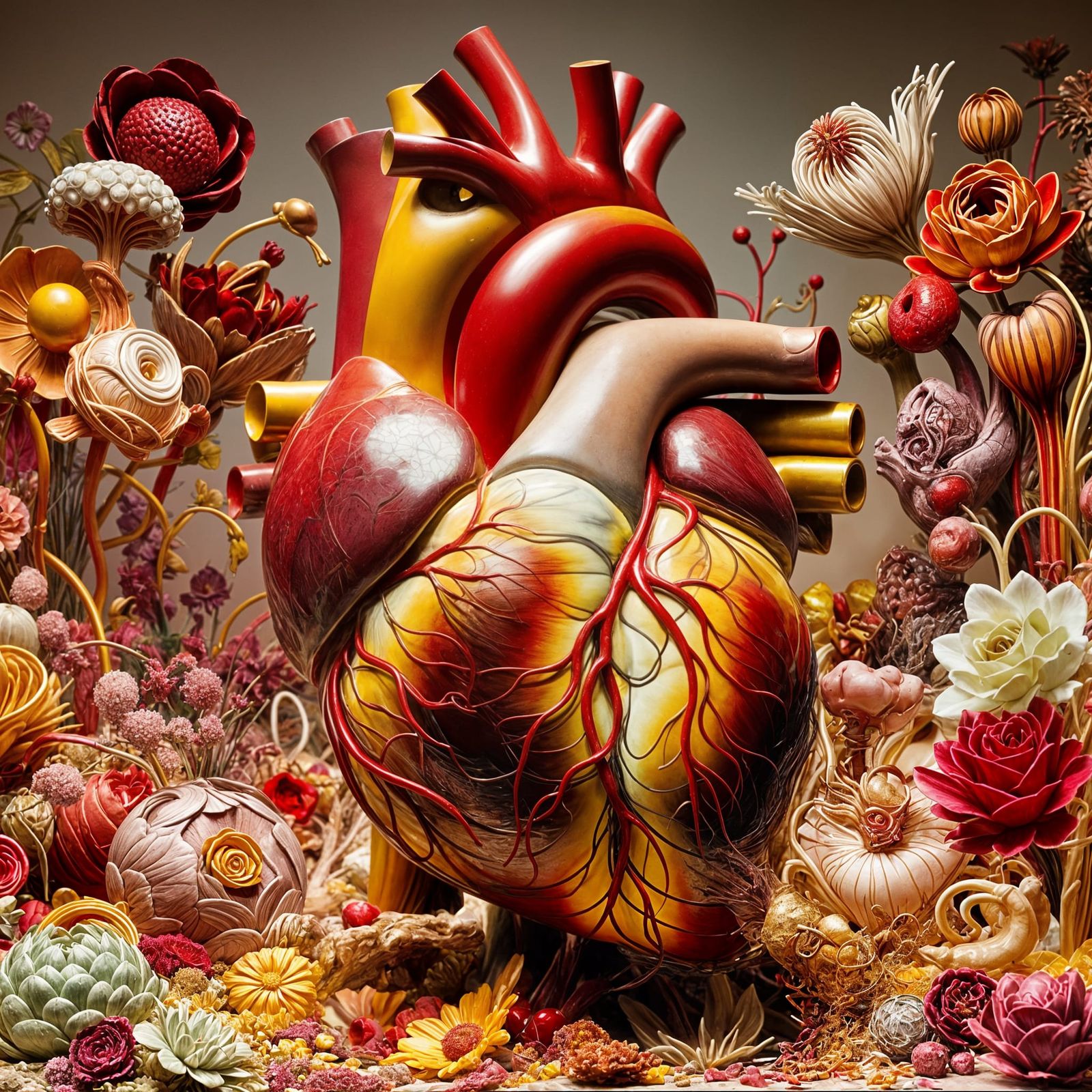 Beautiful detailed anatomy of human heart model of red and yellow gold colouration against fantasy surreal floral backgr...