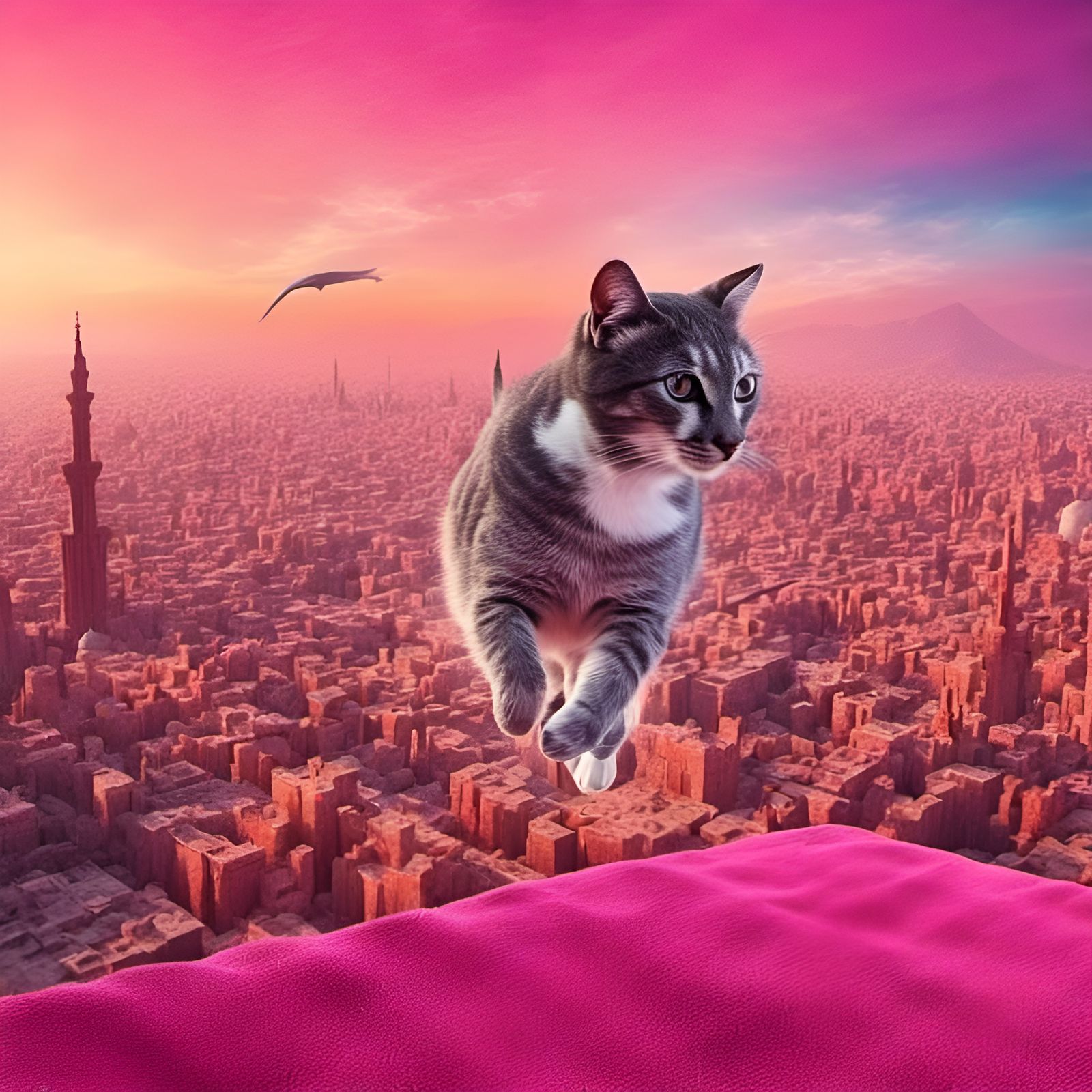 Cat on Magic Carpet in Desert City