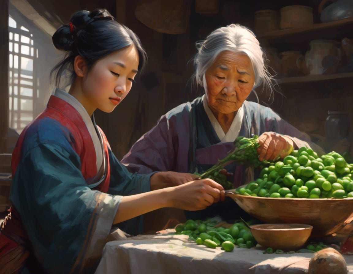 Chinese Woman Shelling Peas: Hyperdetailed Portrait