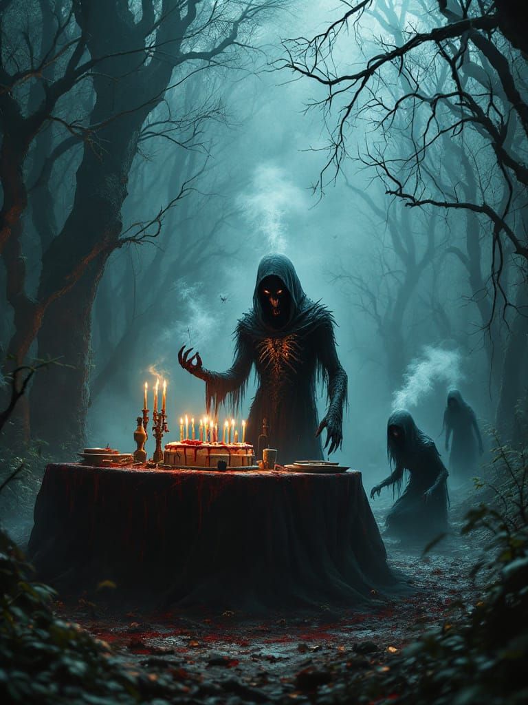 Cursed Shadow Creatures Celebrate Birthday in Creepy Woods