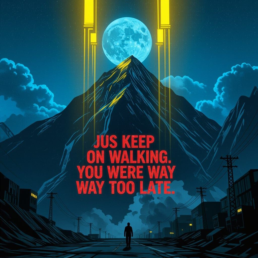 Apocalyptic Mountain Landscape with Metallic Beams