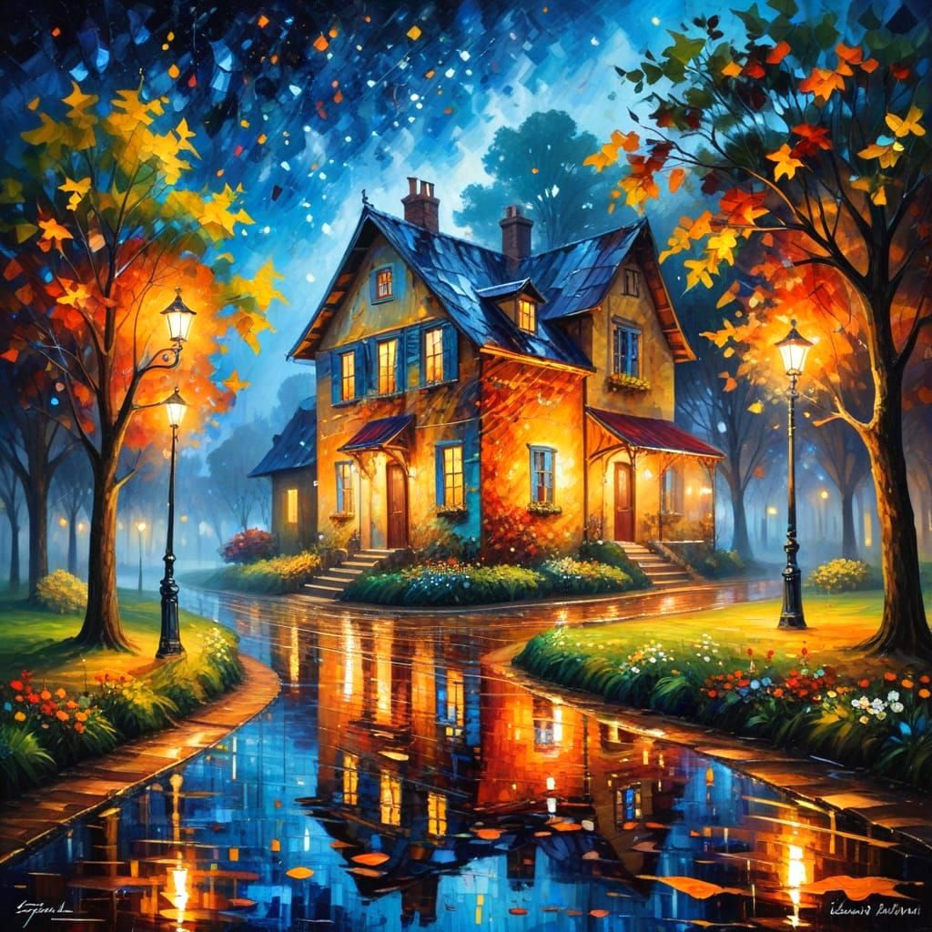 Vibrant Autumn Night Scene in Impasto Oil Painting Style
