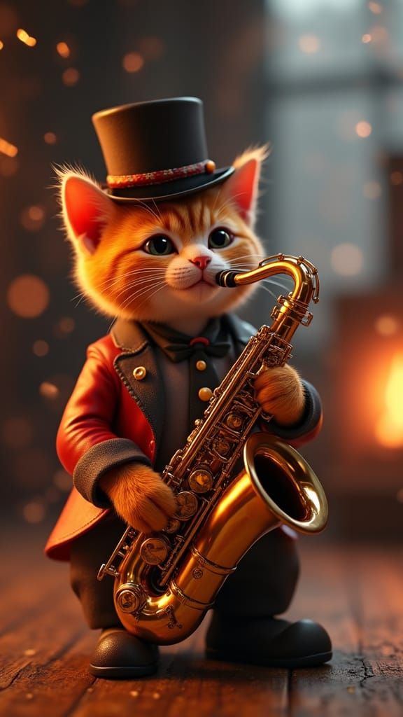 Ginger Cat Plays Saxophone in Cozy, Firelit Room