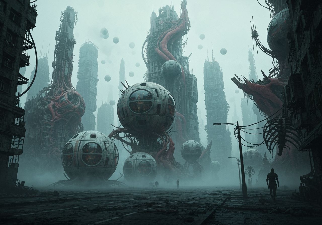 Futuristic City Ruins with Organic-Mechanical Structures