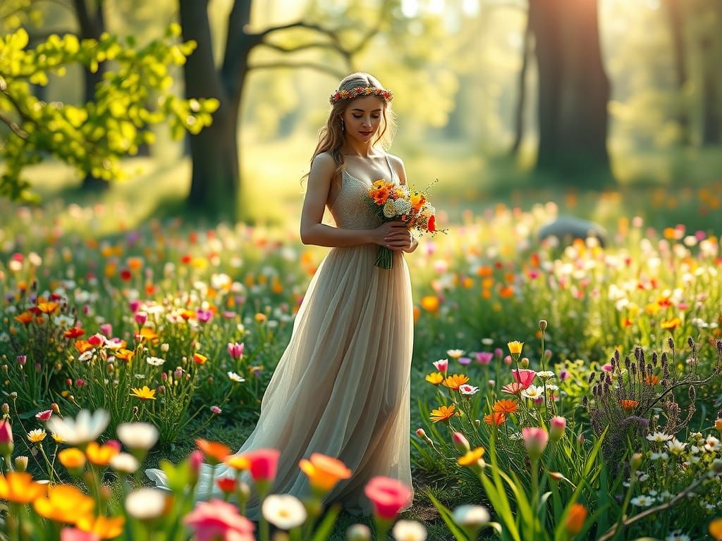 Goddess of Spring in a Vibrant Meadow