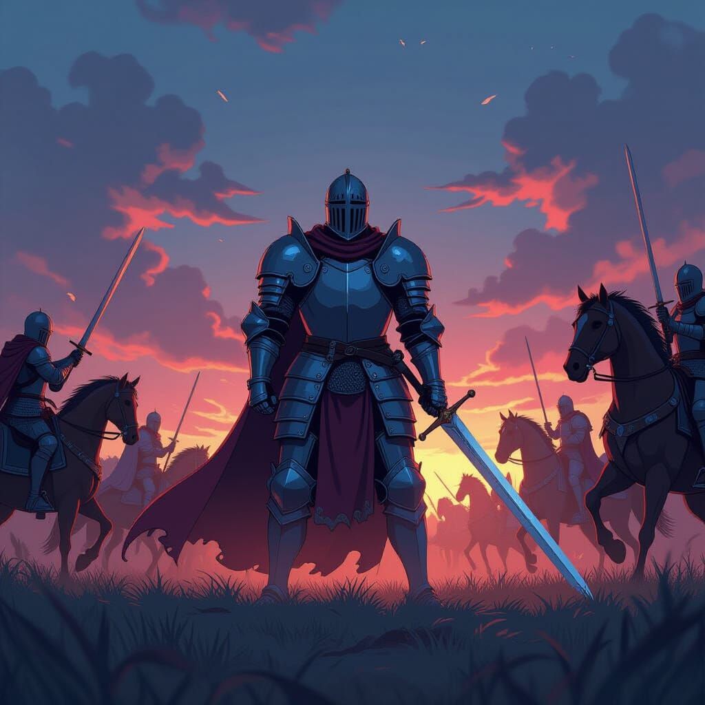 Knight on Battlefield in Cel-Shaded Manga Style