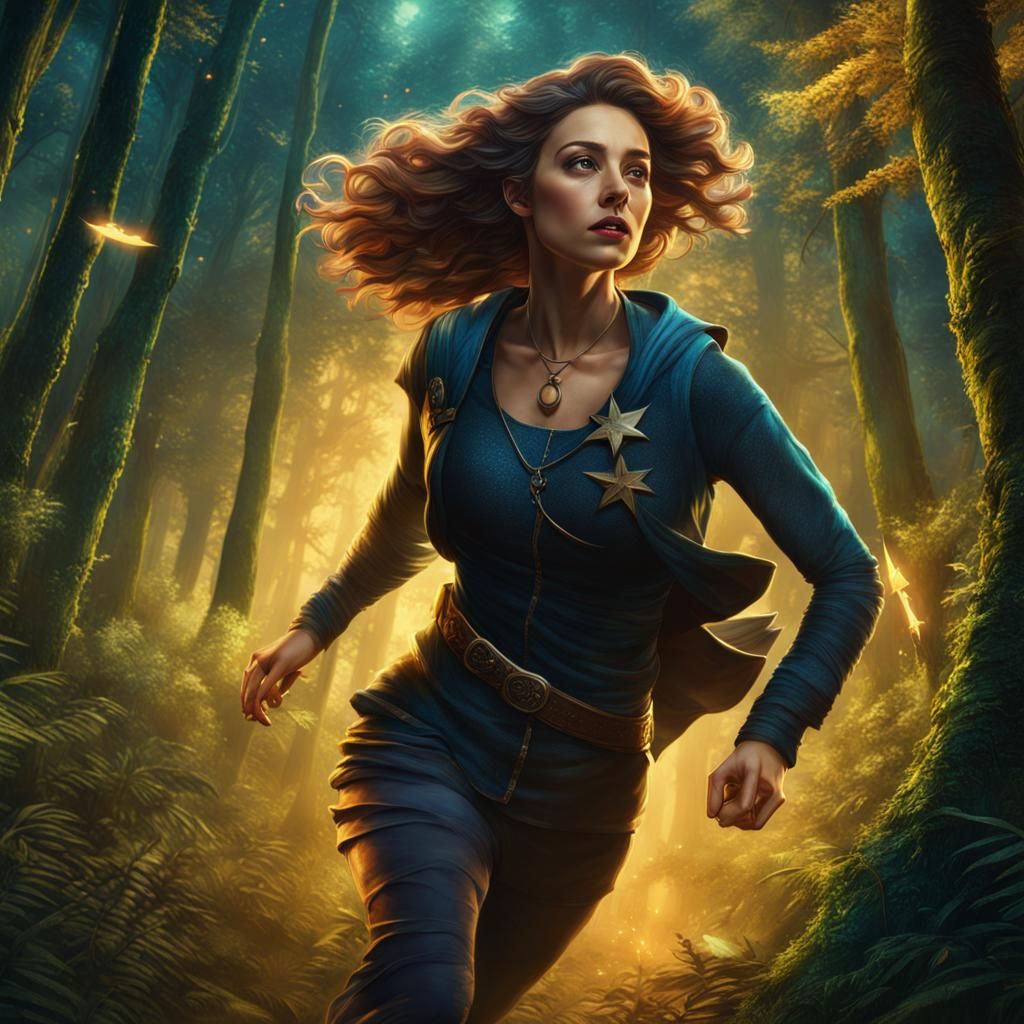 Woman Runs Through Forest with Guiding Star