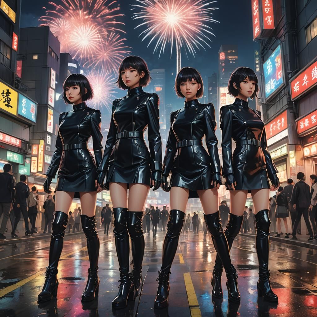 Three Japanese Girls in Cyberpunk Tokyo