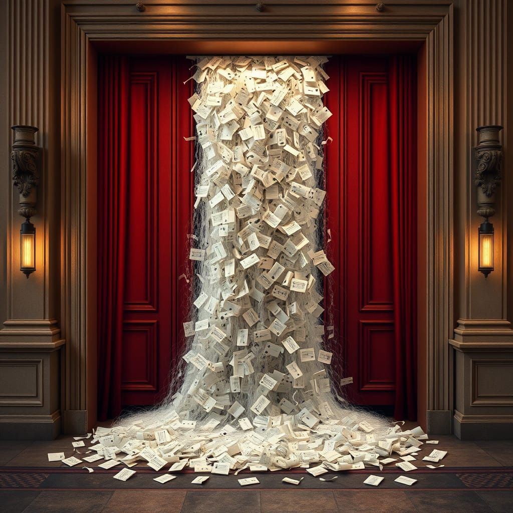 Musical Waterfall from Opera House Door in Surreal Style