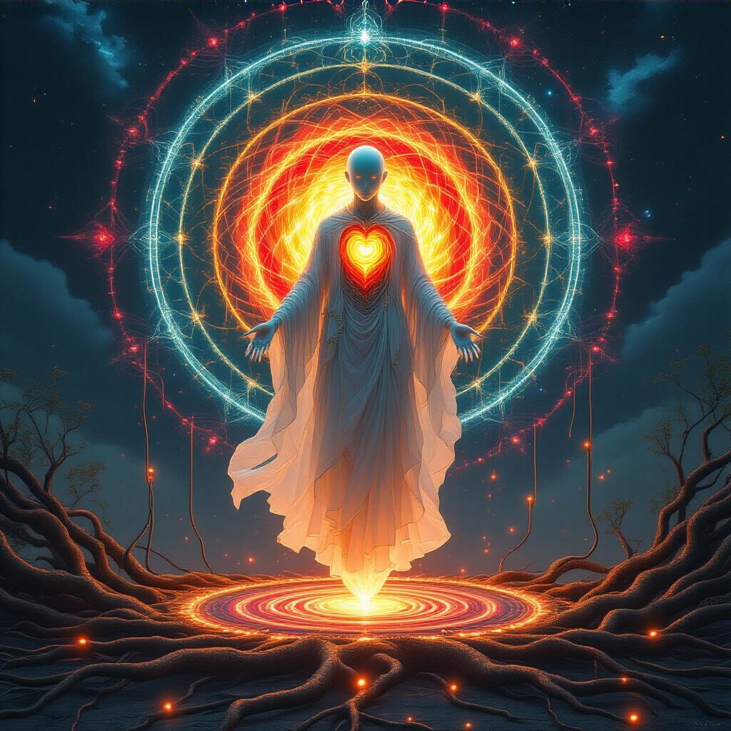 Translucent Humanoid in Digital Mandala