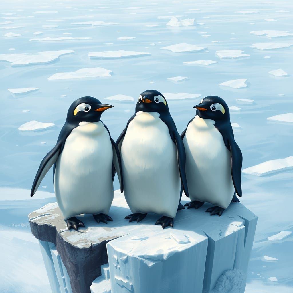 Penguins on Arctic Ice Shelf, Hyperrealistic Style