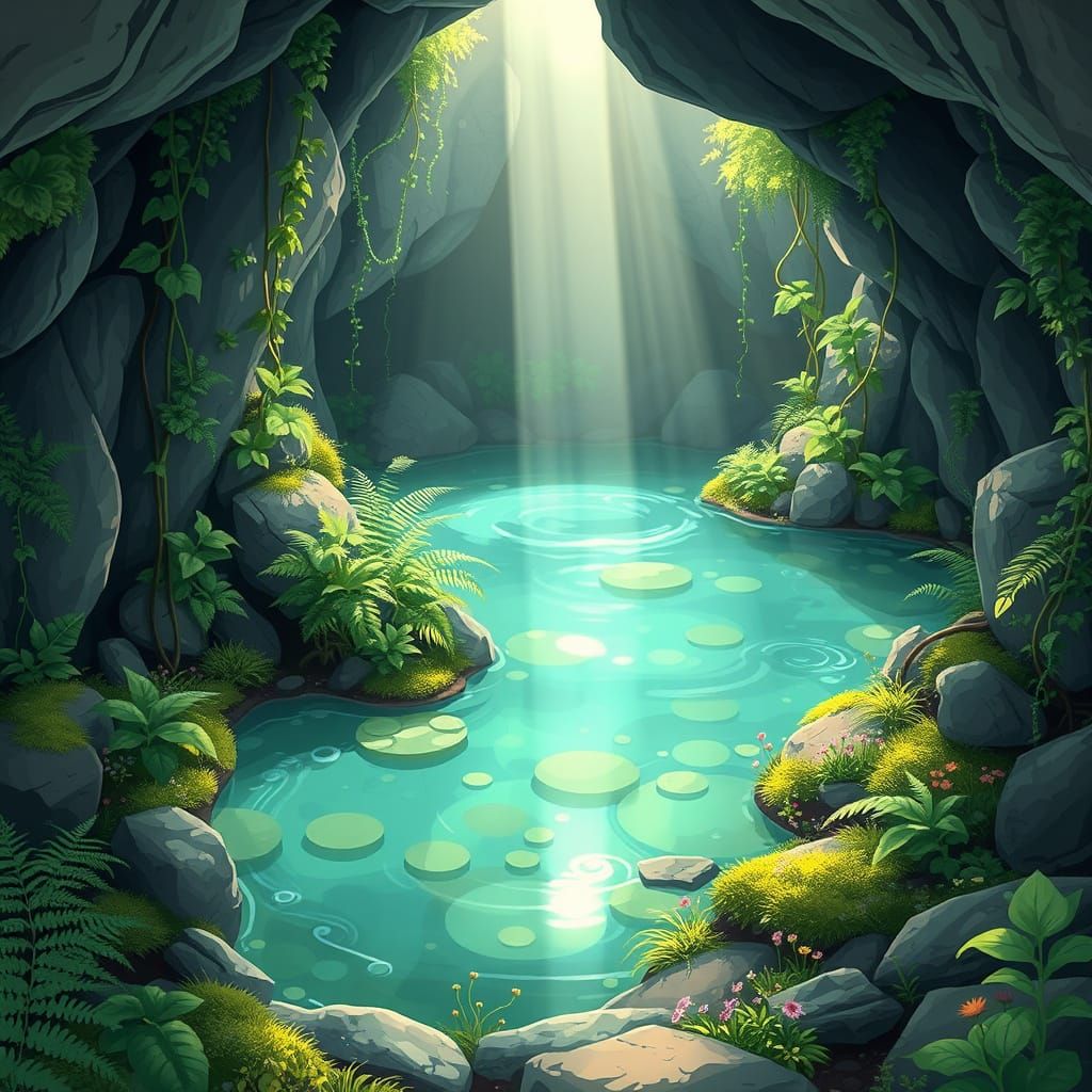 Serene Cave Oasis in Vibrant Manga Style