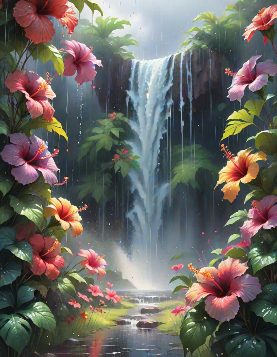 Watercolor Waterfall and Hibiscus Flower Field