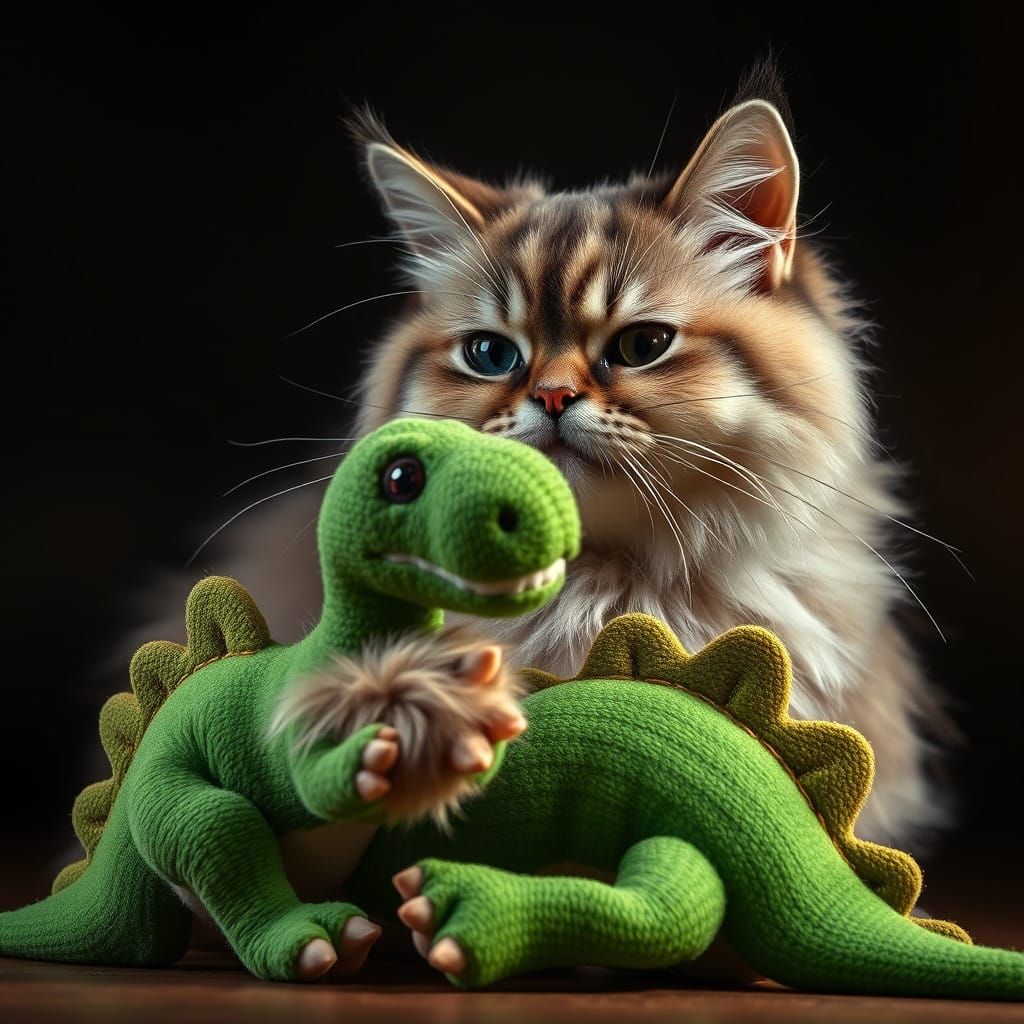 Whimsical Feline Encounter with Vintage Plushie