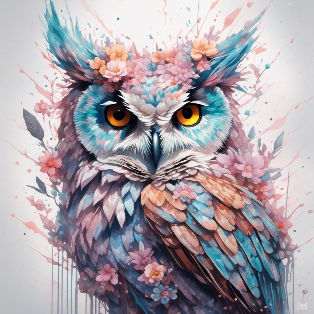 Pastel Owl Watercolor Fantasy Artwork