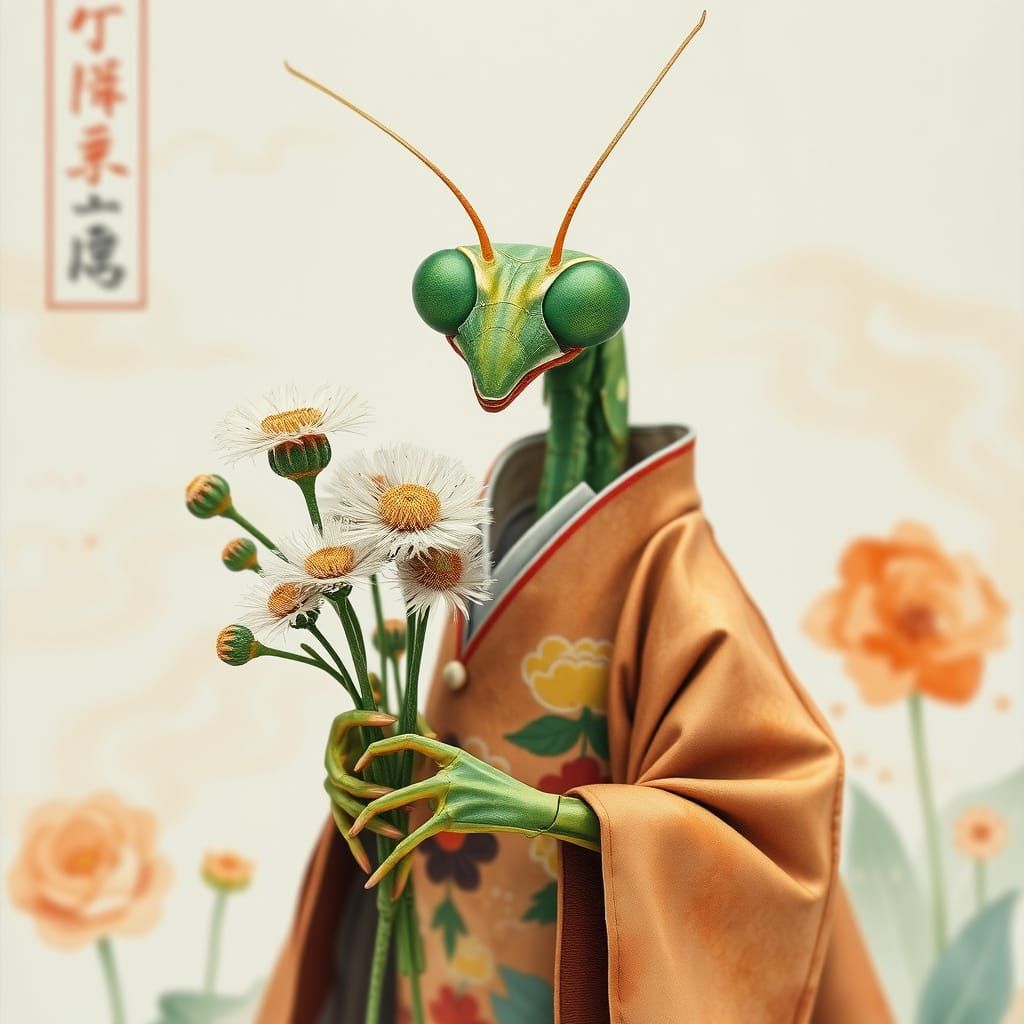 Mantis in Whimsical Ukiyo-e Style Holds Dandelions