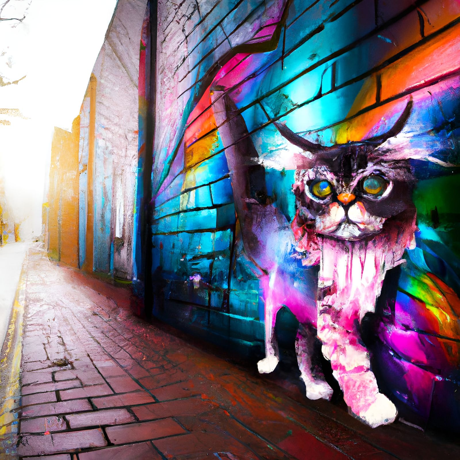 Mad Kitten with Multicoloured Hairstyle in Street Scene