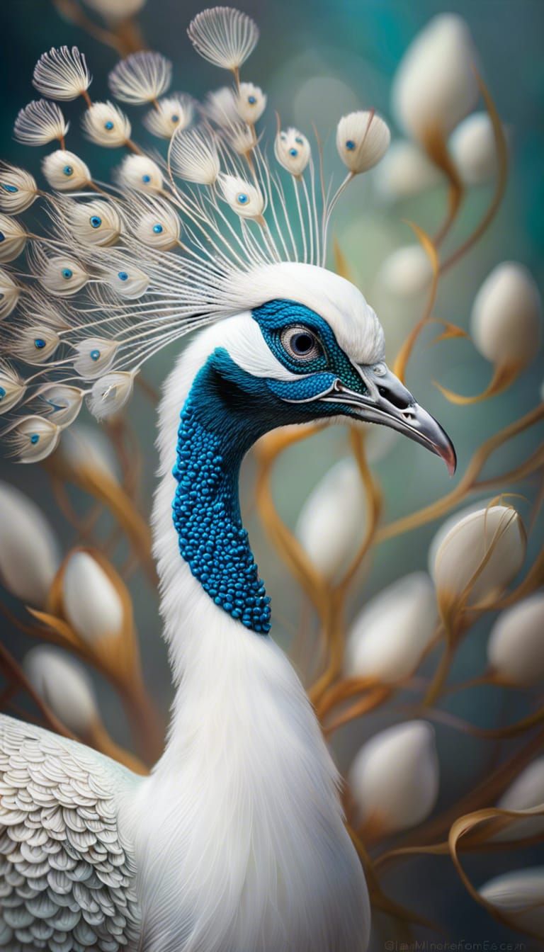 Dancing White Peafowl Portrait with Fractal Feathers