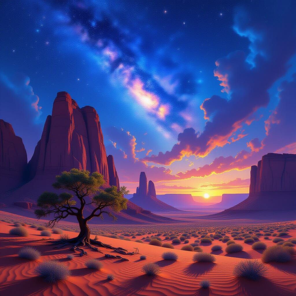 Hyperrealistic Desert Nebula Landscape with Ancient Tree