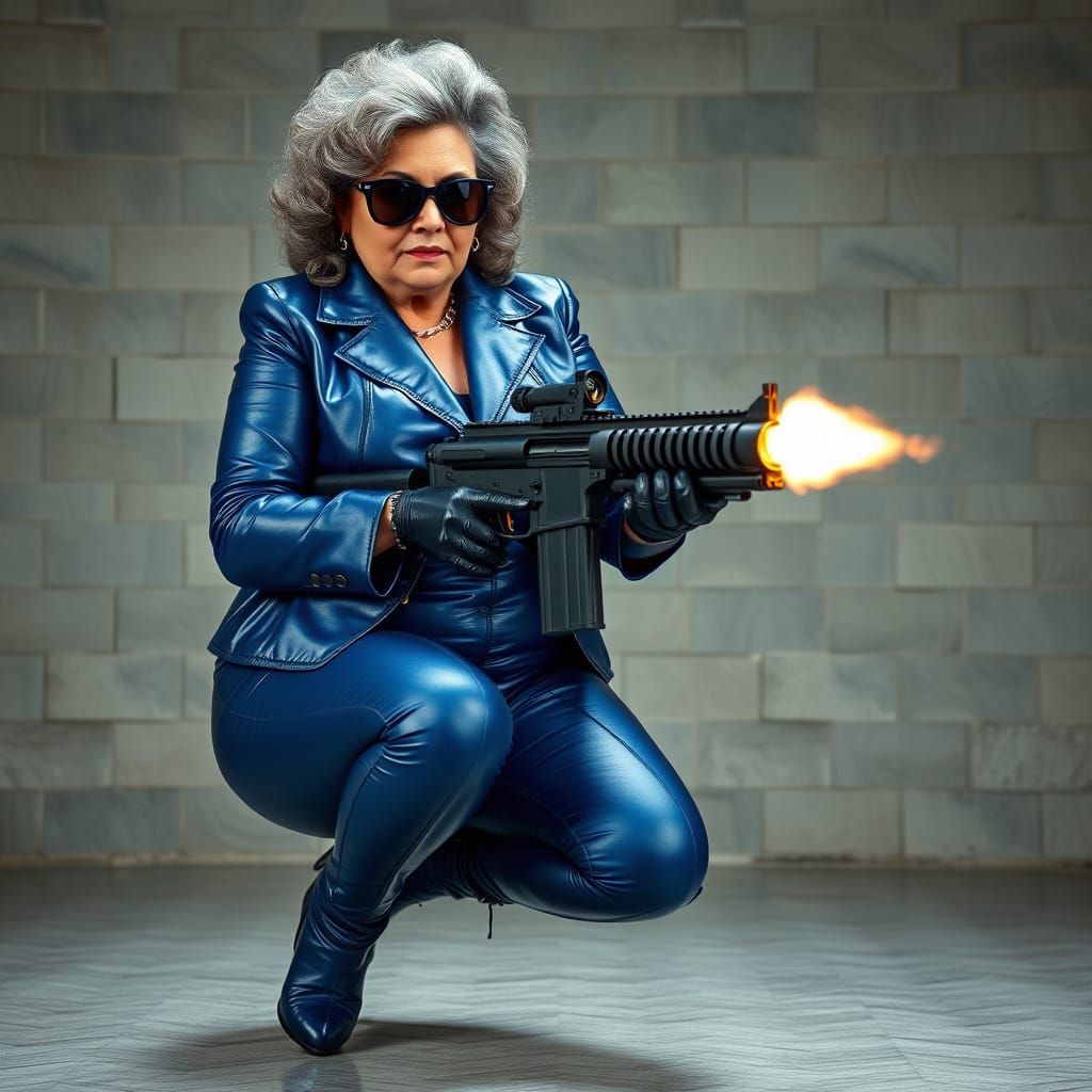 Mature Prison Director in Skintight Leathersuit with Submach...