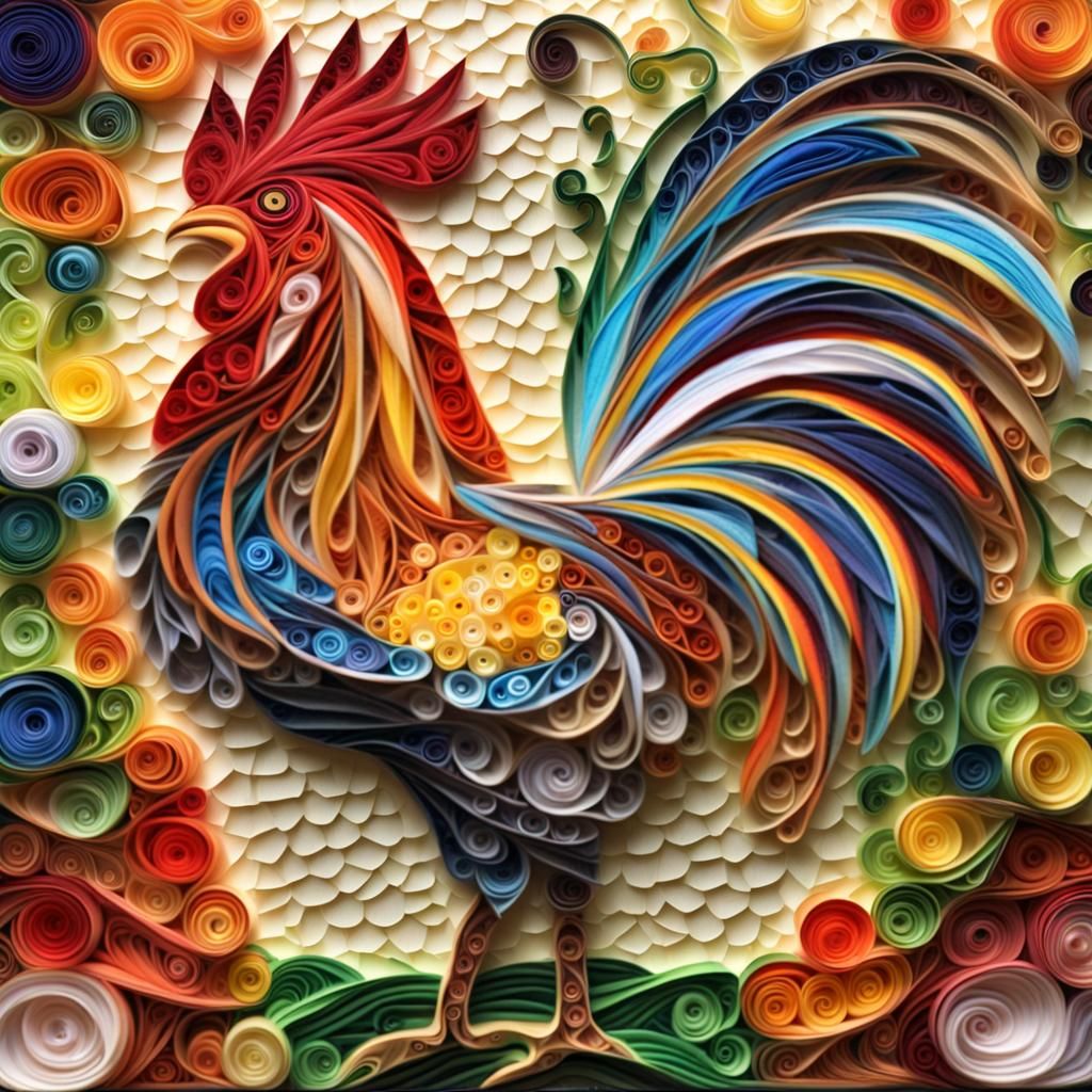 Colorful Rooster Mosaic with Paper Quilling and Textures