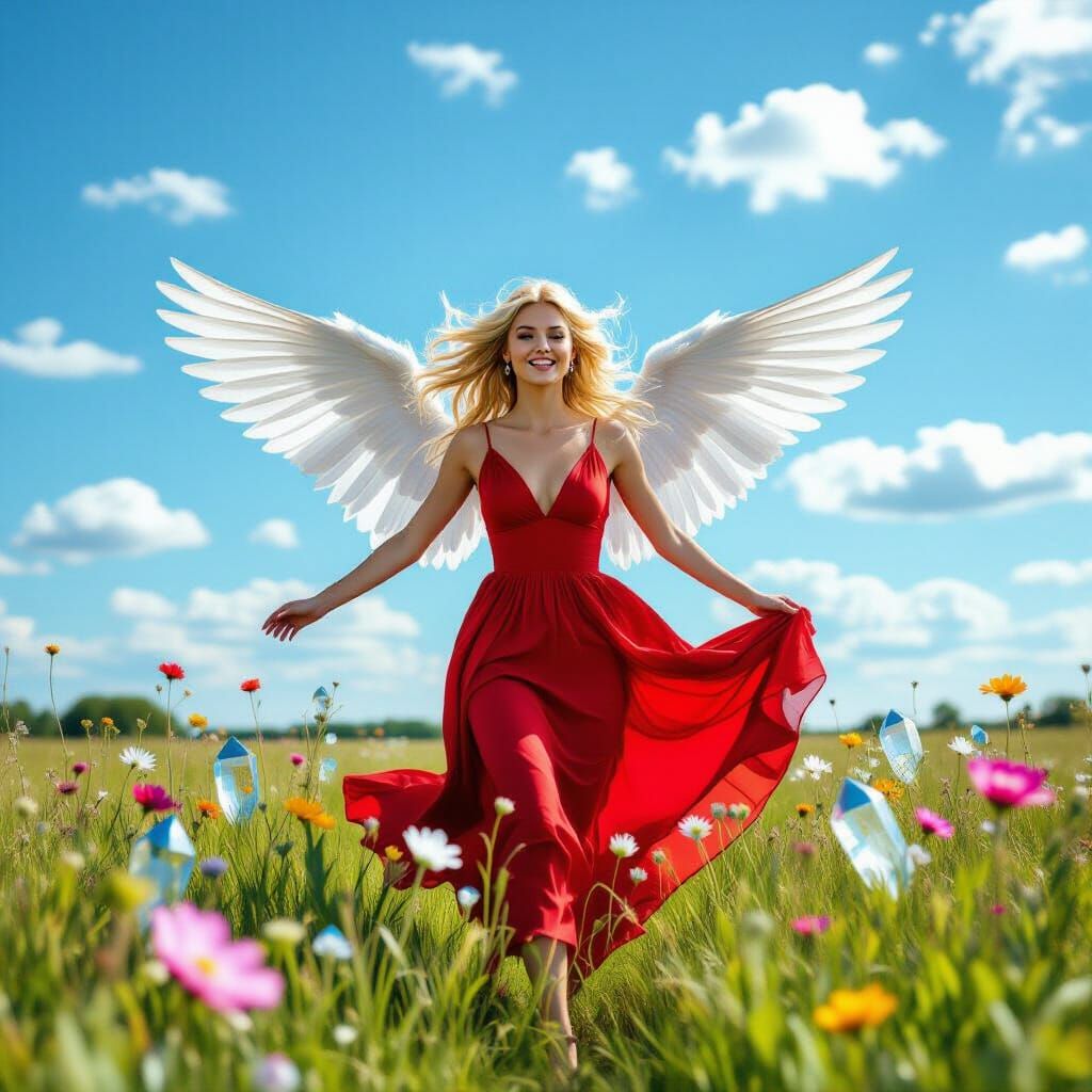 Angel in Red Dress Running Through Crystal Field