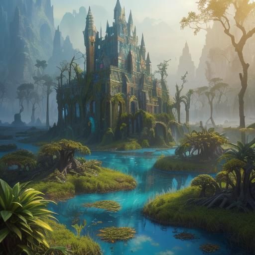 Mystical Realm with Majestic Creatures in Surreal Style