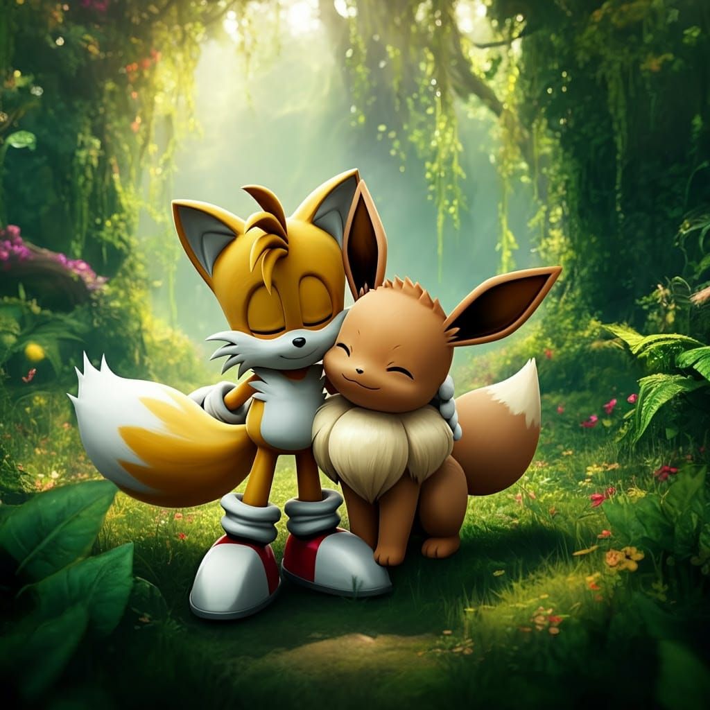 Tails and Eevee Whimsical Cuddle Scene in Fantasy Concept Ar...
