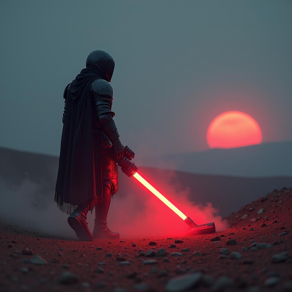 Cyberpunk Knight Collecting Dust on Alien Planet