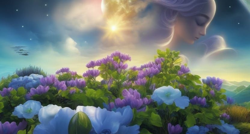 Yin Yang of Flowers and Sky in Art Nouveau Style