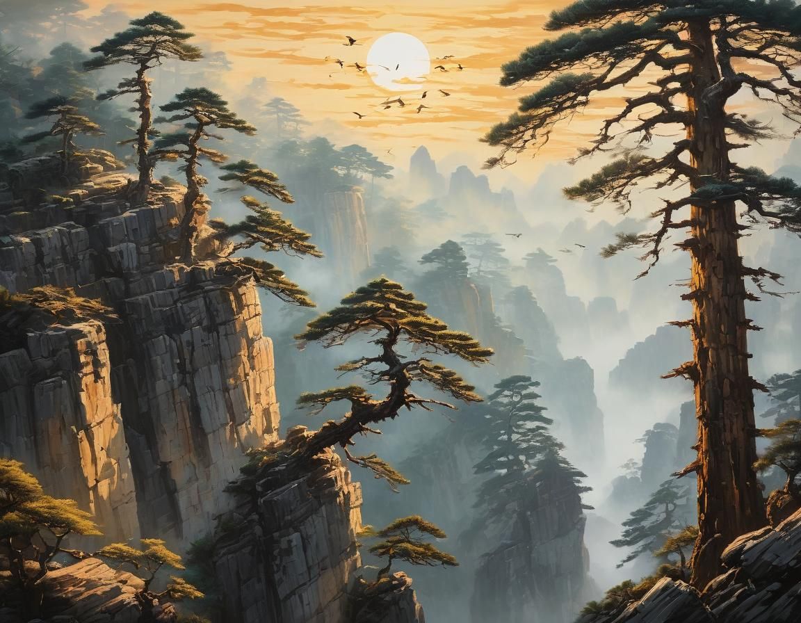 Ancient Pines at Sunrise: Vertical Scroll Painting